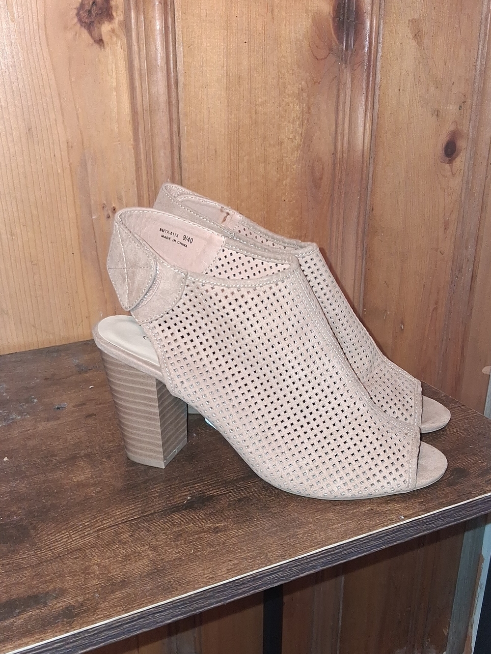 Chinese Laundry Beige Perforated Suede Peep-Toe Block Heels